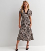 New Look Petite Brown Leopard Print Satin Lace Trim Midi Dress